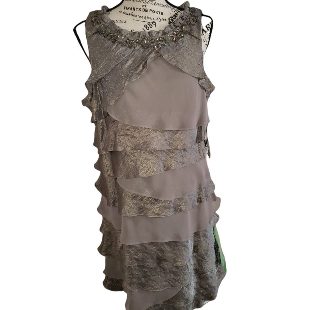 S.L. Fashion Stone colored Jeweled & Ruffle Neckline Tiered Cocktail Dress - NEW